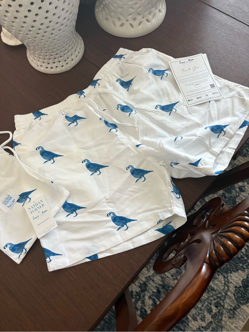 Sant and Abel Men's White Swim Shorts with Blue Bird Print
